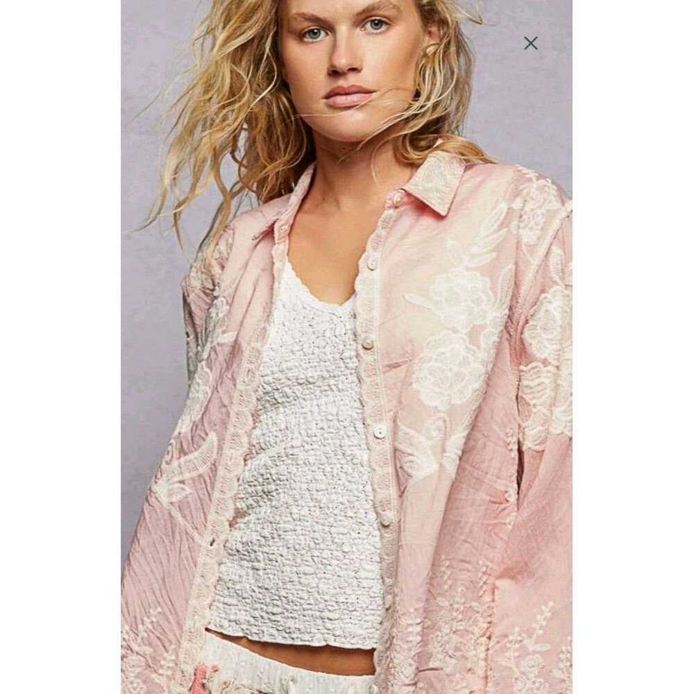 Pol Flora Embroidered Scalloped Top Boho Fairy Romantic Cottage Core